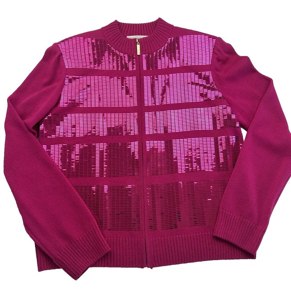 St John Sport zip up cardigan‎ fuchsia sequin Quiet Luxury Old Money Size S